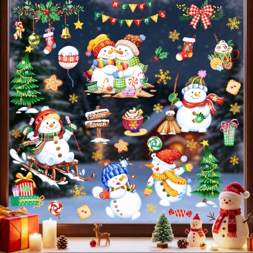 Supzone Christmas Snowman Window Clings Winter Snowflake Xmas Tree Holiday Decals - Pack of 9