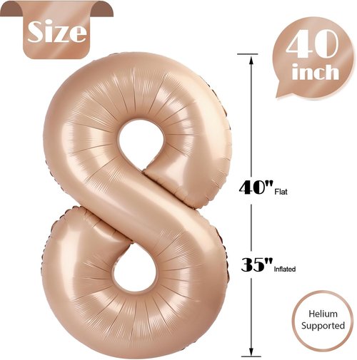 Light Brown 40-Inch Number 8 Balloon - Tan Birthday Decorations for Boys & Girls
