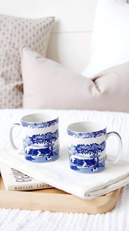 Spode Blue Italian Collection 9 Oz Mugs | Set of 4 Cups for Tea, Warm Beverages, and Coffee | Made of Fine Porcelain | Blue/White | Dishwasher and Microwave Safe