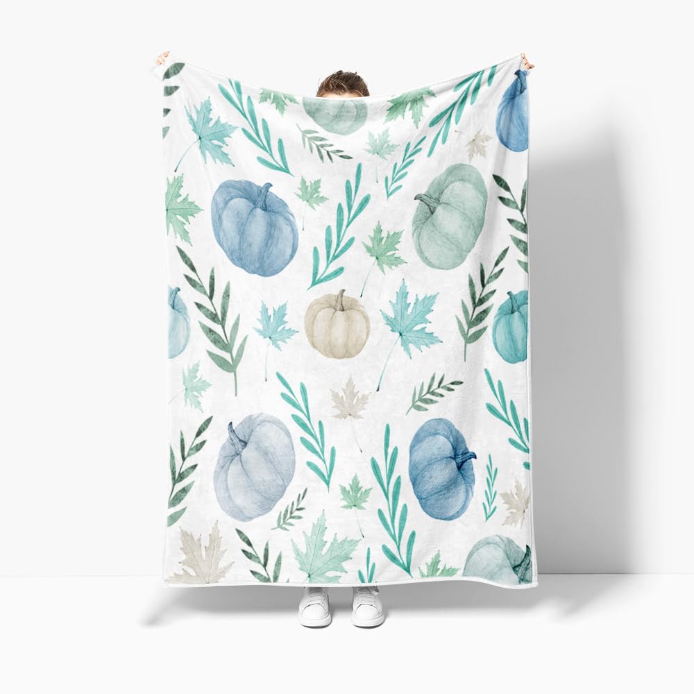DYNH Fall Throw Blanket,Pumpkin Throw Blankets,Thamksgiving Fall Autumn Blue Orange White Teal Pumpkins and Leaves Cozy Soft Fleece Fuzzy Throw Blankets for Bed Couch Sofa Chairs