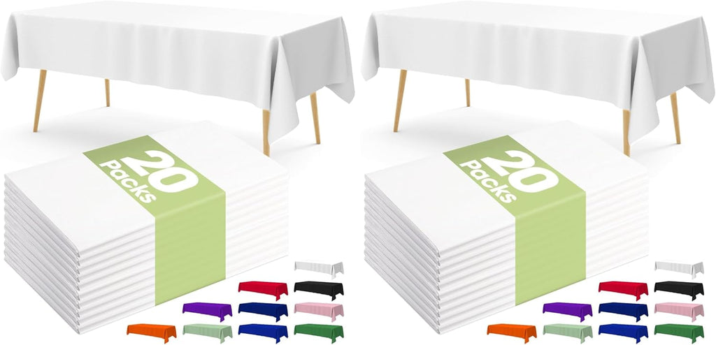 Pureegg Disposable Plastic Tablecloths - 54 x 108 Inch, Leakproof & Sturdy, 40 Pack, White for Parties & Weddings