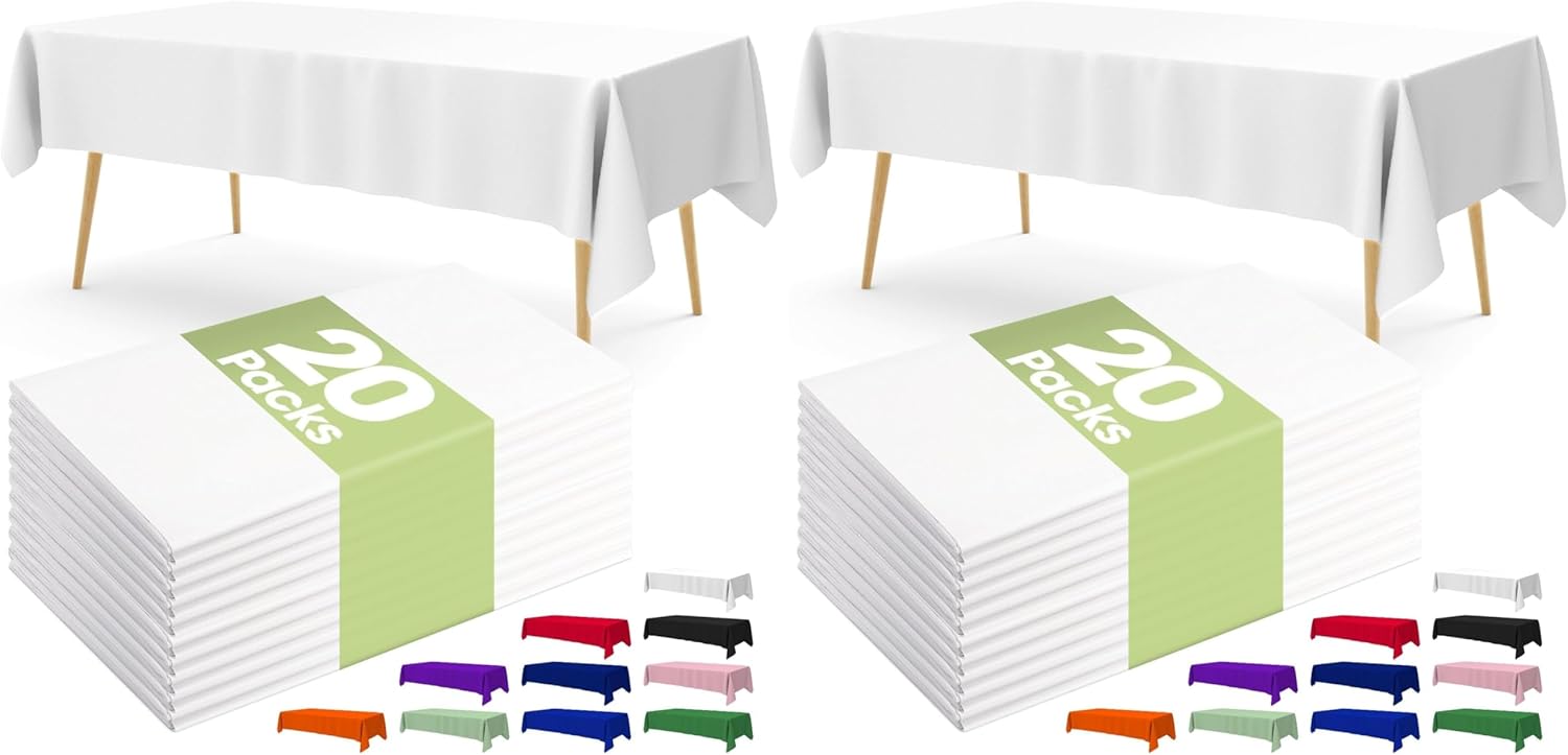 Pureegg Disposable Plastic Tablecloths - 54 x 108 Inch, Leakproof & Sturdy, 40 Pack, White for Parties & Weddings