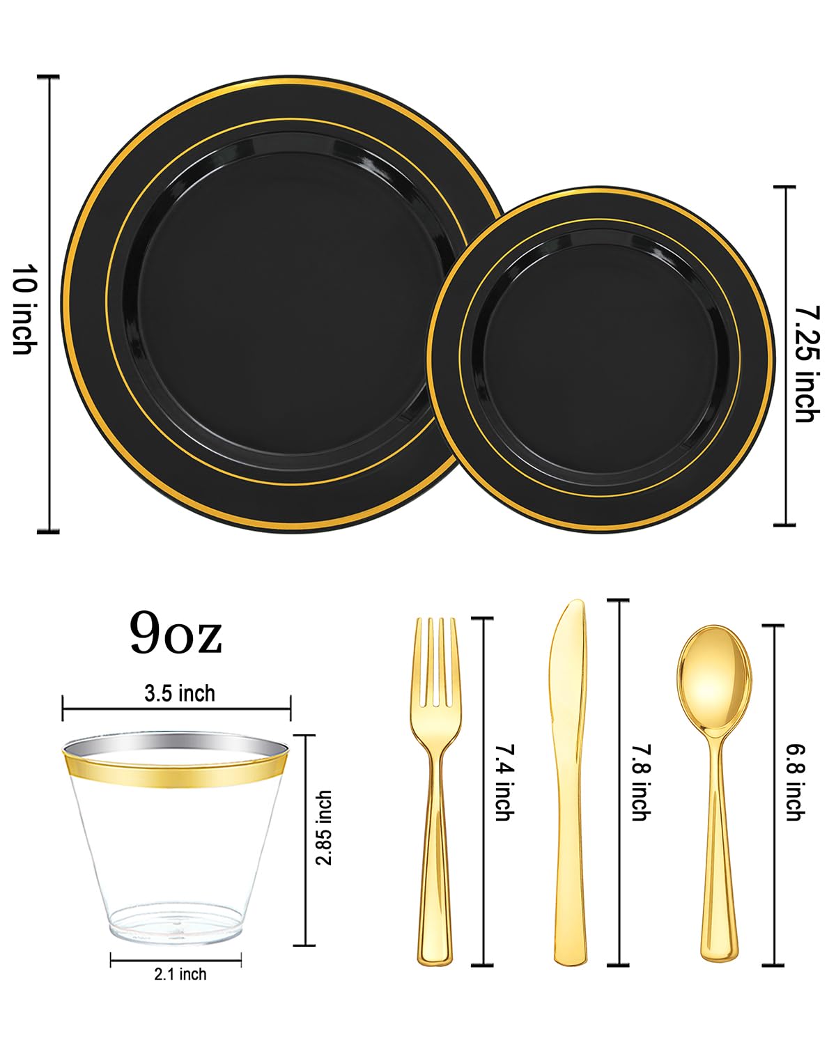 bUCLA 600PCS Black and Gold Disposable Dinnerware Set - Black Plastic Plates Disposable for Party Include 100 Dinner&100 Dessert Plates,100 Knives,100 Forks,100 Spoons,100 Cups for Party & New Year