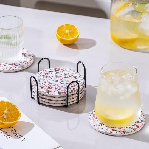 Coasters with Holder Set of 6, Absorbent Marble Drink Decorative Coasters for Coffee Cup Beverage Wine Beer Bar Housewarming