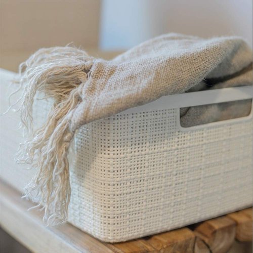 Curver Set of 6 Medium 12L Jute Decorative Plastic Organization and Storage Baskets - Perfect Bins for Home Office, Closet Shelves, Kitchen Pantry and All Bedroom Essentials, White