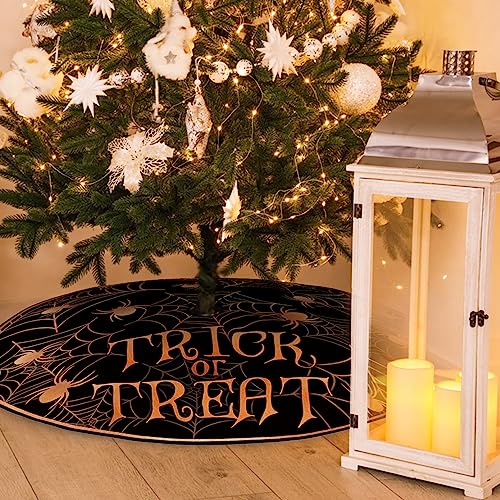 48-Inch Halloween Tree Skirt - Orange & Black Spider Web Lace-Up Decor