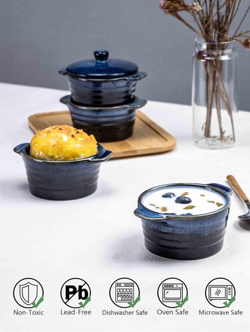 Henten Home Ceramic Ramekins - 8 Oz Porcelain Mini Cocotte Set of 4 with Lid & Handle | Deep Blue