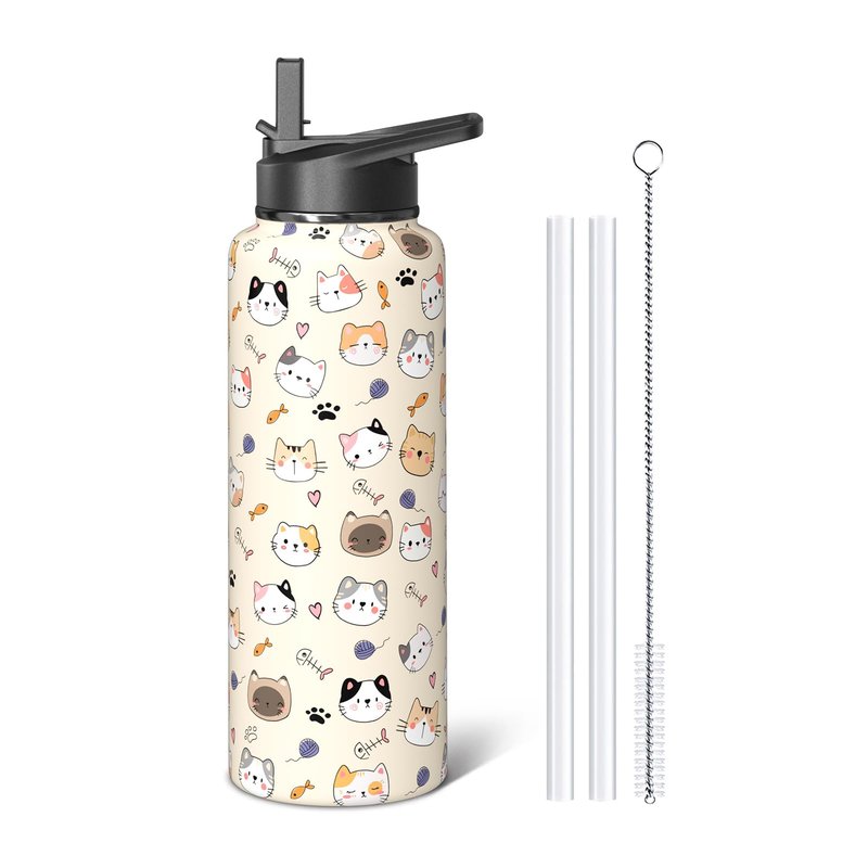 Sabobo 40oz Cats Water Bottles with Flip Straw & Spout Lid, Double Wall Stainless Steel Travel Sport Bottle, Cream Gym Gifts for Women Men (1PC)