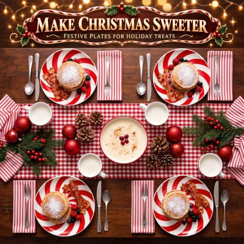 FillTouch Red & White Candy Cane Christmas Plates - 4 Pack Ceramic Serving Platters, 5.91 inches