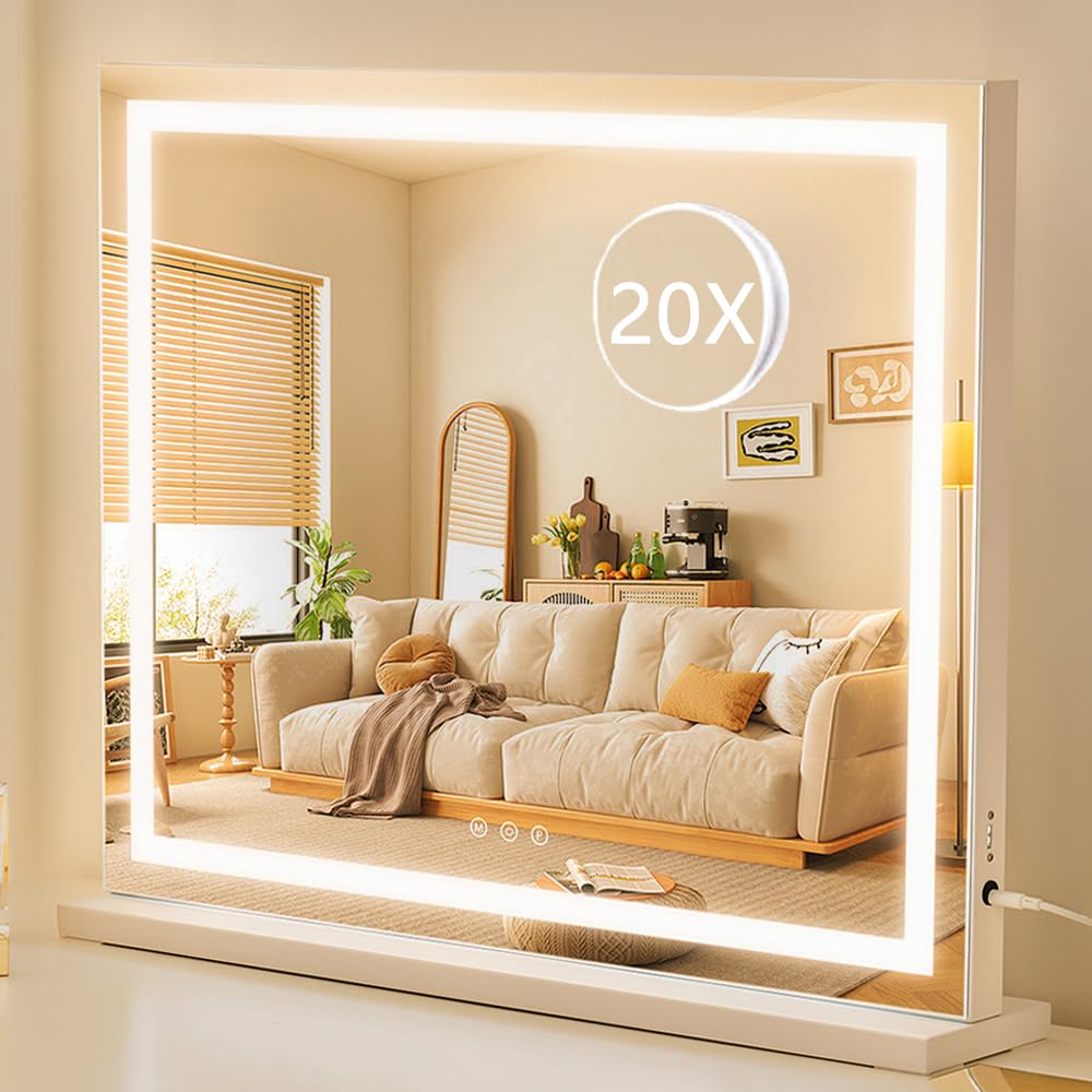 HIEEY Lighted Makeup Mirror, Hollywood Vanity Mirror with Lights, Three Color Lighting Modes, with 4in 20X Magnification Mirror, Smart Touch Control, 360°Rotation (22.8in,White)