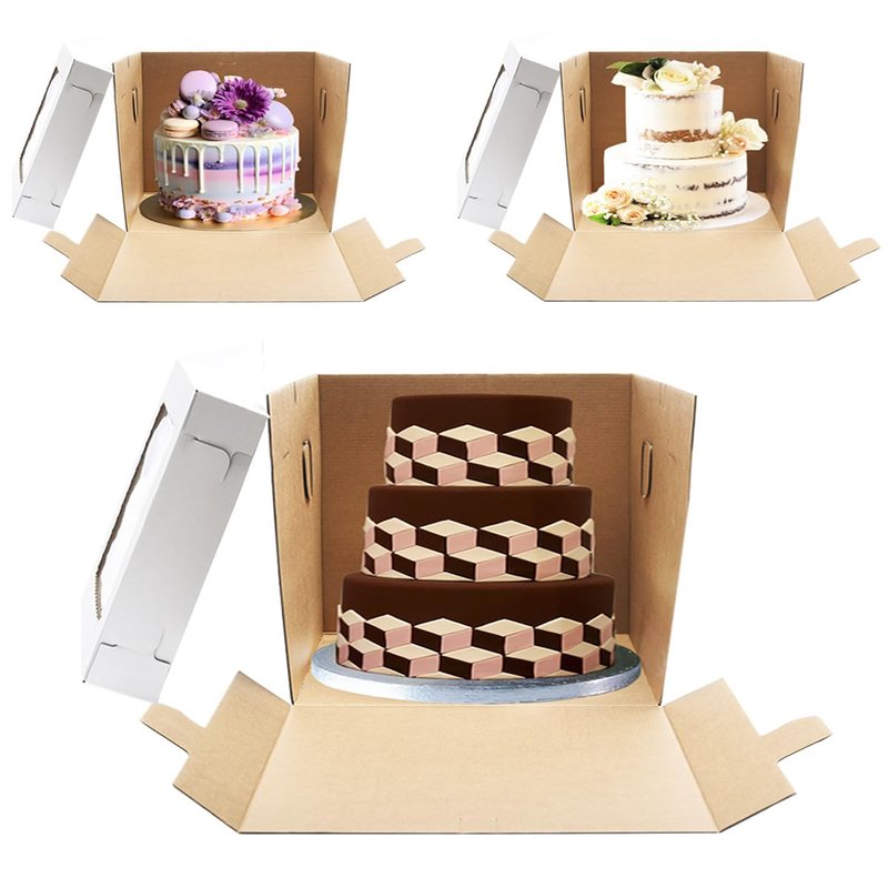 JJO Tall Cake Boxes for Tier Cakes, 14x14x12 Inches 3 Pack,Whie Cake Boxes with Window,Disposable Cake Containers, Sturdy Wedding Tall Cake Carrier