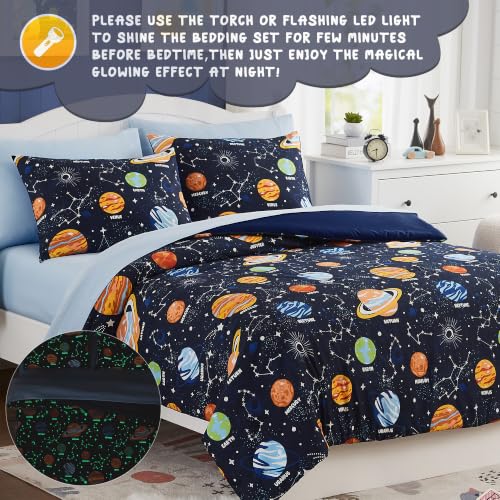 Glow in the Dark Space Twin Bedding Set for Boys - 5 Piece Comforter Set