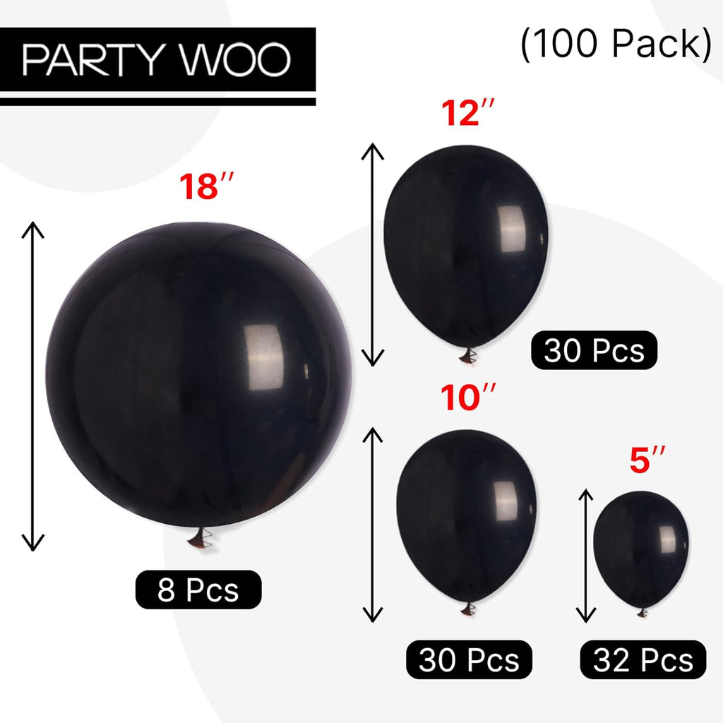 PartyWoo Black Balloons - 100-Piece Arch Kit with Various Sizes for Baby Showers, Birthdays & Anniversaries | Black
