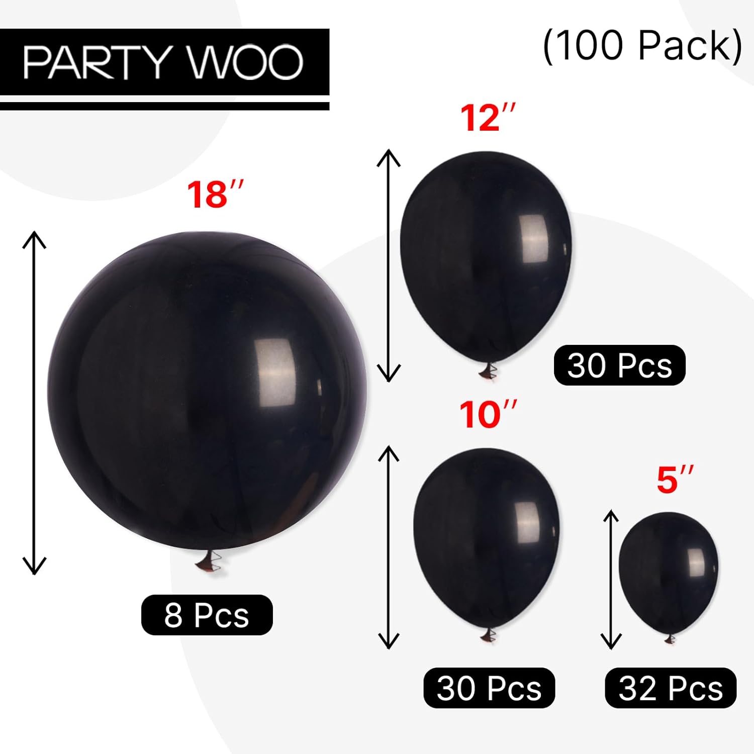 PartyWoo Black Balloons - 100-Piece Arch Kit with Various Sizes for Baby Showers, Birthdays & Anniversaries | Black
