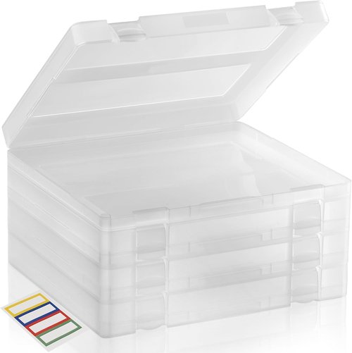 Art & Craft Organizer Storage Case by 4-Pack | Semi-Transparent, Stackable Plastic Container - Custom Fit for 8.5 x 11 Paper