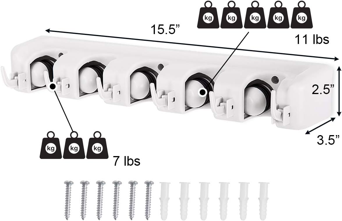 Tangkula Wall Mount Broom Holder - 5 Slot Organizer with 6 Hooks for Home, Kitchen & Garage Storage (White)