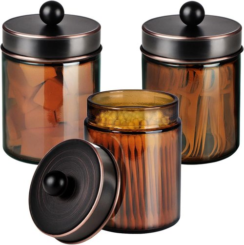 Amber Glass Qtip Holder Set | Apothecary Jars with ORB Metal Lid - Stylish Bathroom Organizer (3 Pack)