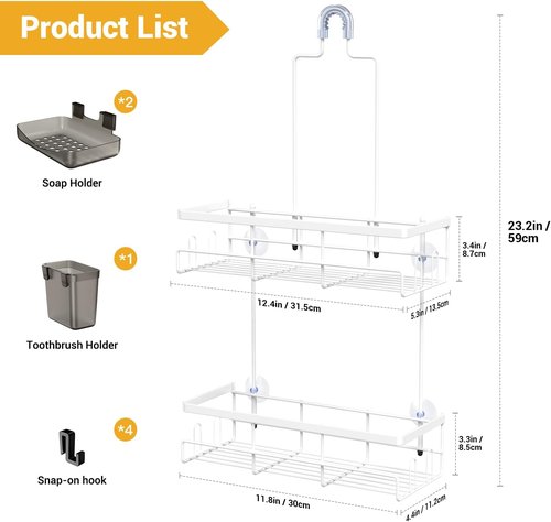AKTECKE Shower Caddy - 30pcs Hanging Bathroom Organizer in White for Space-Saving Storage