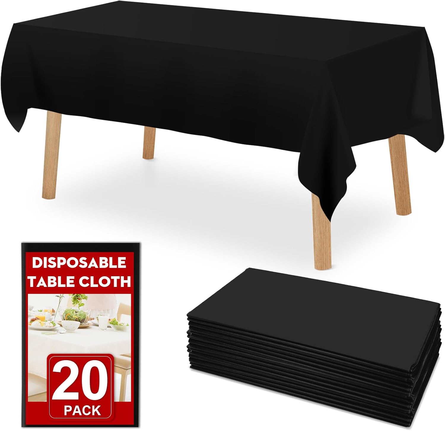 RowinsyDD Disposable Black Plastic Table Cloths - 20 Pack, 54 x 108 Inches for Parties & Events