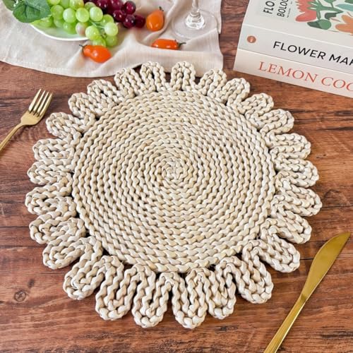 IcosaMro Boho Woven Placemats Set of 6 - 13.8 Inch Natural Table Mats, Style B