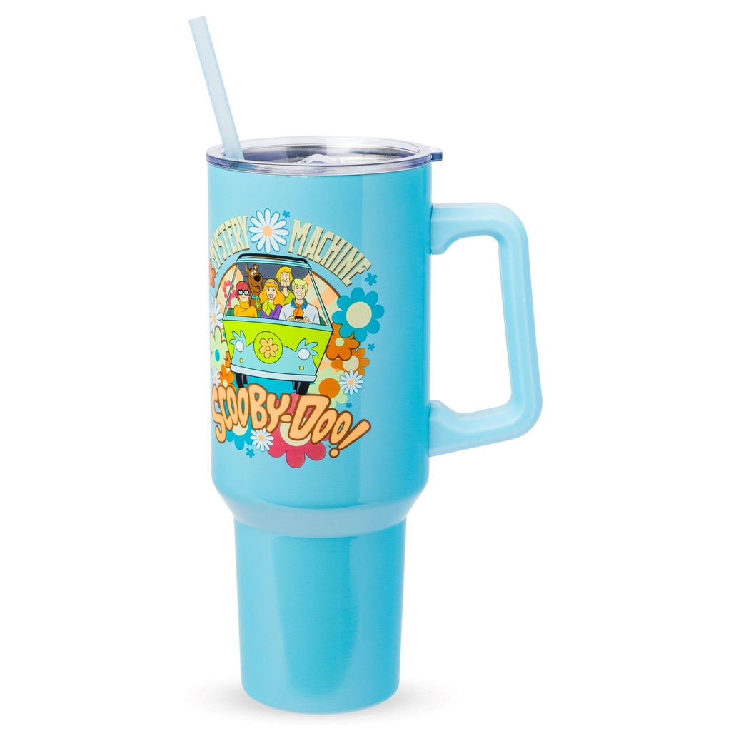 Silver Buffalo Scooby Doo Mystery Machine Featuring Shaggy, Velma, Fred and Daphne Double Walled Stainless Steel Tumbler with Handle and Straw, Fits in Standard Cup Holder, 40 Ounces