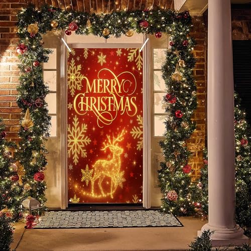 Golden Reindeer Christmas Door Cover 71x35 Inch Winter Holiday Banner for Front Porch, Indoor & Outdoor Decor