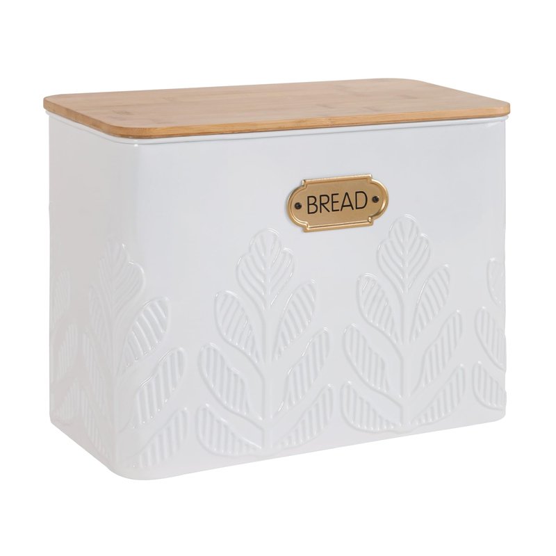 NIKKY HOME Extra Large Space Saving Farmhouse White Bread Box With Bamboo Lid - Holds 2 Loaves - Vertical Breadbox Bread Storage Bin Holder for Kitchen Countertop, Plant Embossed Pattern