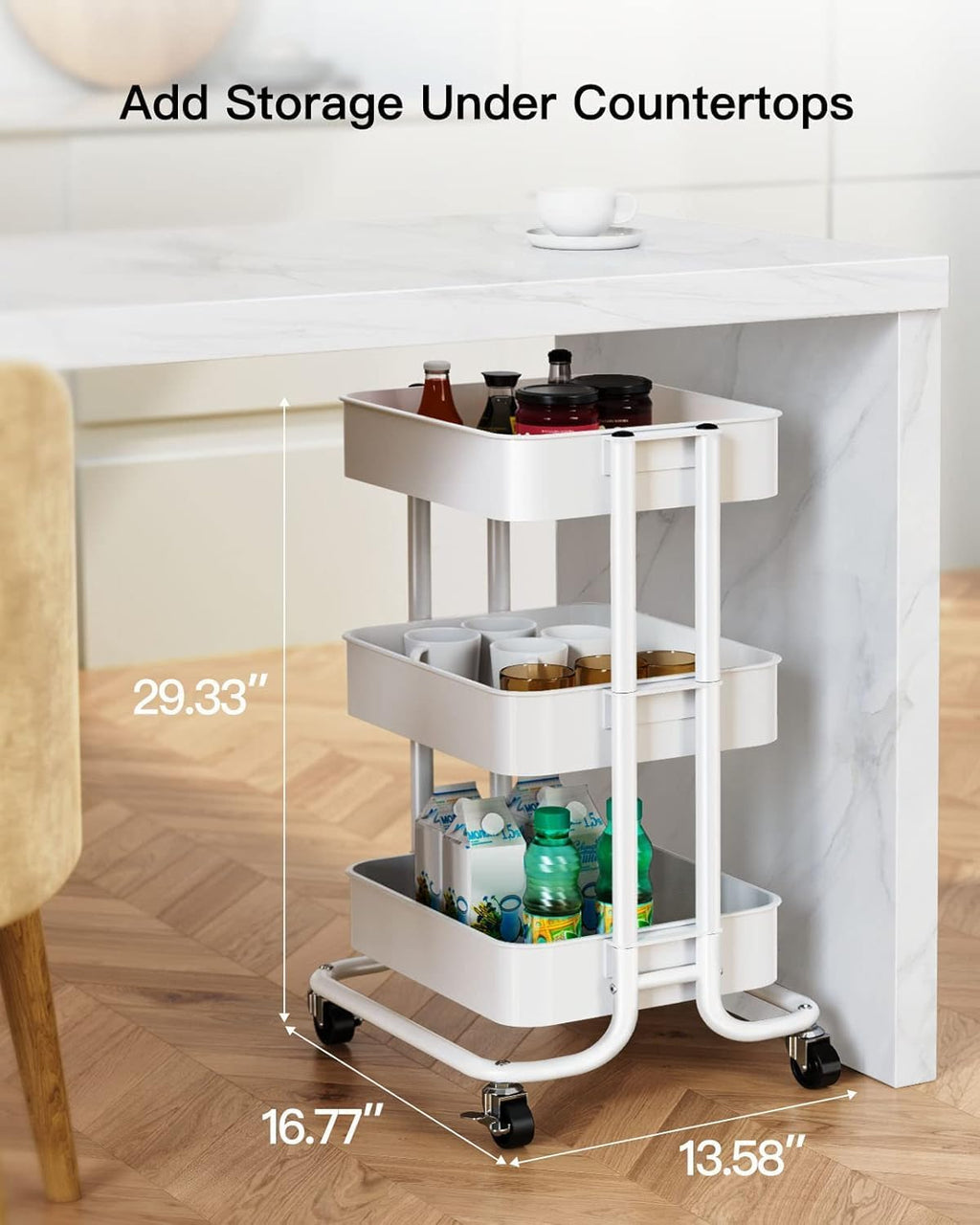 Pipishell 3-Tier Metal Rolling Utility Cart - Heavy-Duty Storage with Lockable Wheels | White