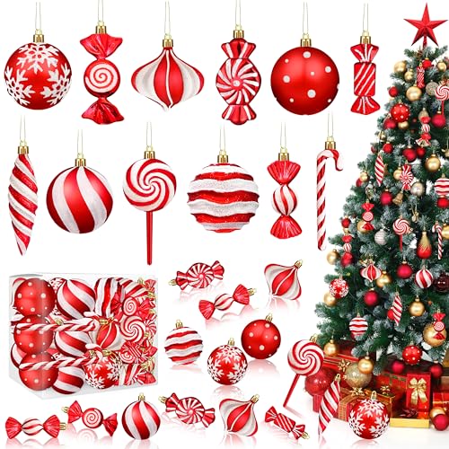 Fayoo Red Candy Cane Christmas Ornaments Set 48Pcs Holiday Tree Decor
