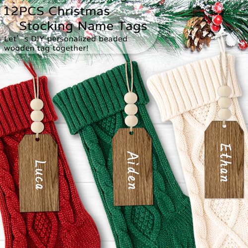 LIKAJON 12Pcs Christmas Stocking Name Tags - Wood Grain Unfinished DIY Gift Tags