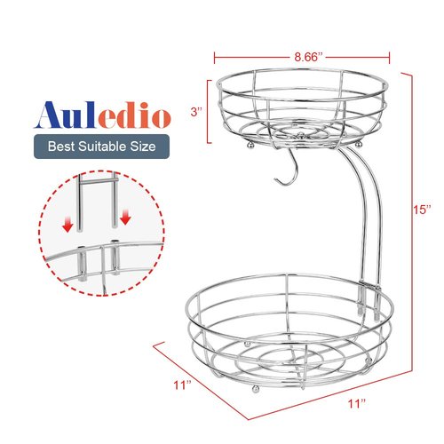 Auledio 2-Tier Countertop Fruit Vegetables Basket Bowl Storage With Banana Hanger,Chrome