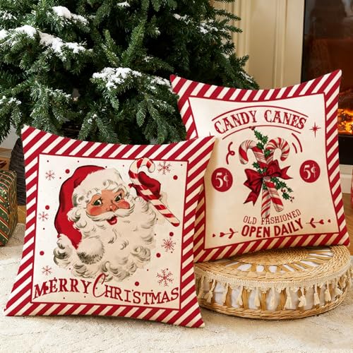 Christmas Throw Pillow Covers 20x20 Set of 2, Santa Claus & Candy Cane - Red Outdoor Indoor