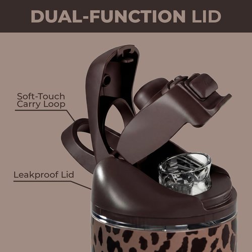 HydroJug 32oz Stainless Steel Water Bottle - Vented Cap, Straw & Chug Lid, Brown Leopard Design