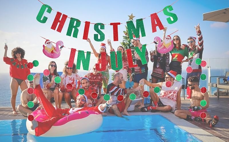 MAGQOO Christmas in July Banner - Red Green Glitter Pre-Strung Garland 16cm Letters