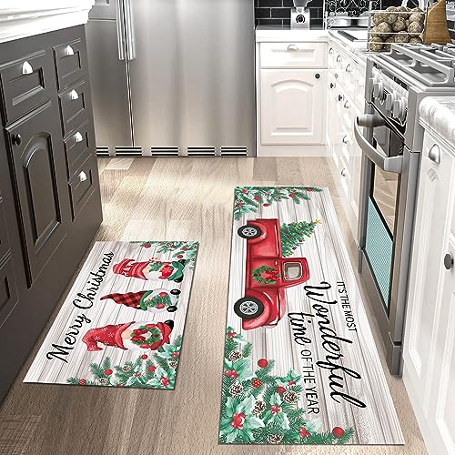 Christmas Kitchen Rugs Set - Non-Slip Holiday Gnome and Truck Floor Mats, 2-Piece