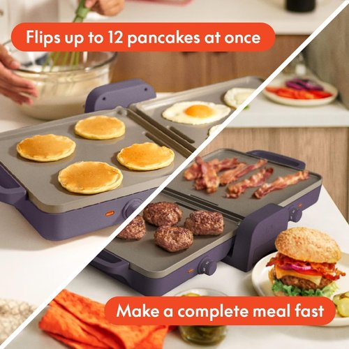 Bella Ceramic Fold-N-Store Dual Temp Griddle - Nonstick Coating, 2 Temperature Zones, 10"x20", Plum