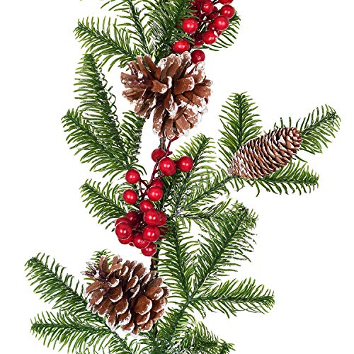 6FT Artificial Christmas Pine Garland with Red Berries & Pine Cones - Holiday Decor
