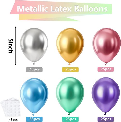 Bezente Metallic Chrome Latex Balloons - 150 Pack of 5 Inch Colorful Helium Party Balloons for Weddings & Birthdays
