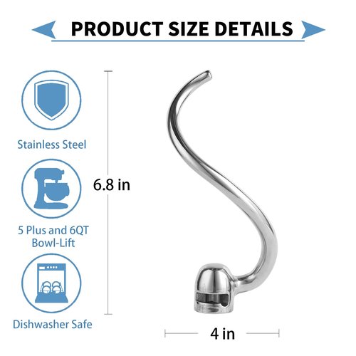 Stainless Steel Spiral Dough Hook Compatible with KitchenAid 5 Plus-6QT Mixer,Bowl Lift Stand Mixer Accessory, Rust Resistant, Effectively Kneads Bread,Pizza,Pasta and Biscuits,Dishwasher Safe