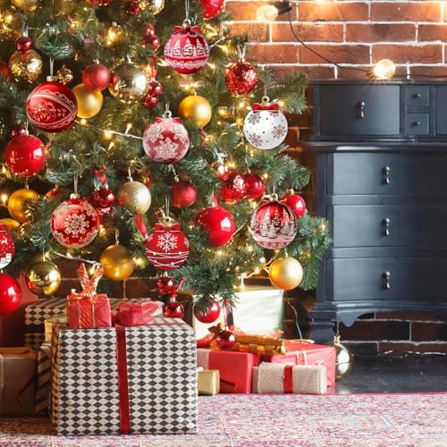 Mkwntg 12Pcs Christmas Wooden Ornaments Set - Red Gift Ball Snowflake Santa Decorations for Holiday Tree & Party