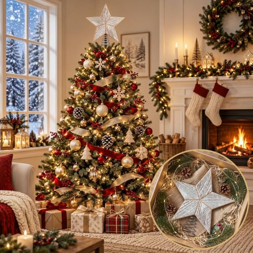 Farmhouse Christmas Star Tree Topper Wooden Decor 10 Inches - Gejoy