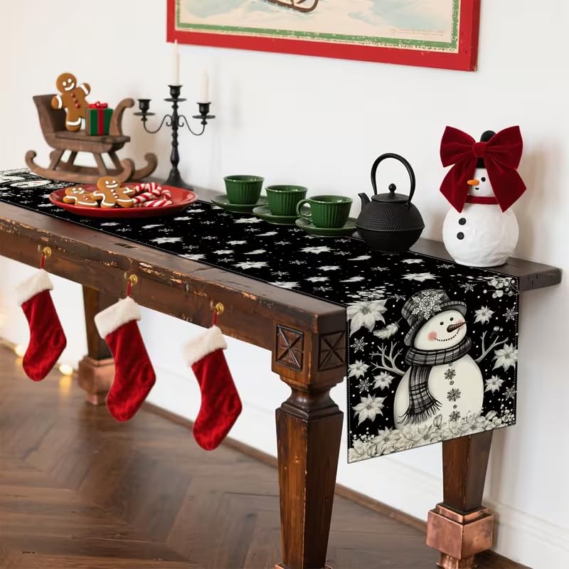 CQFusSTORE 13x60 Inch Xmas Snowman Feather White Floral Black Table Runner - Holiday Seasonal Decor