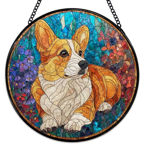 Corgi Flower Stained Glass Suncatcher - 7.9 Inch Window Decor