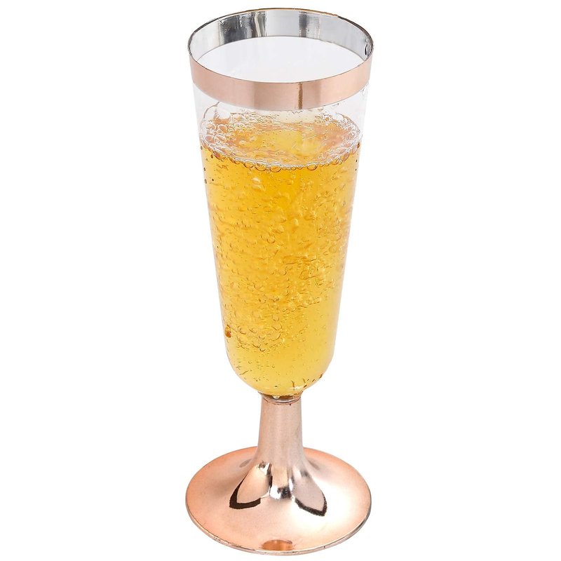 I00000 50 Pack Rose Gold Plastic Champagne Flutes, 5 Oz Fancy Rose Gold Champagne Glasses Plastic Classicware Toasting Glasses Disposable Party Cocktail Cups for Wedding & Party