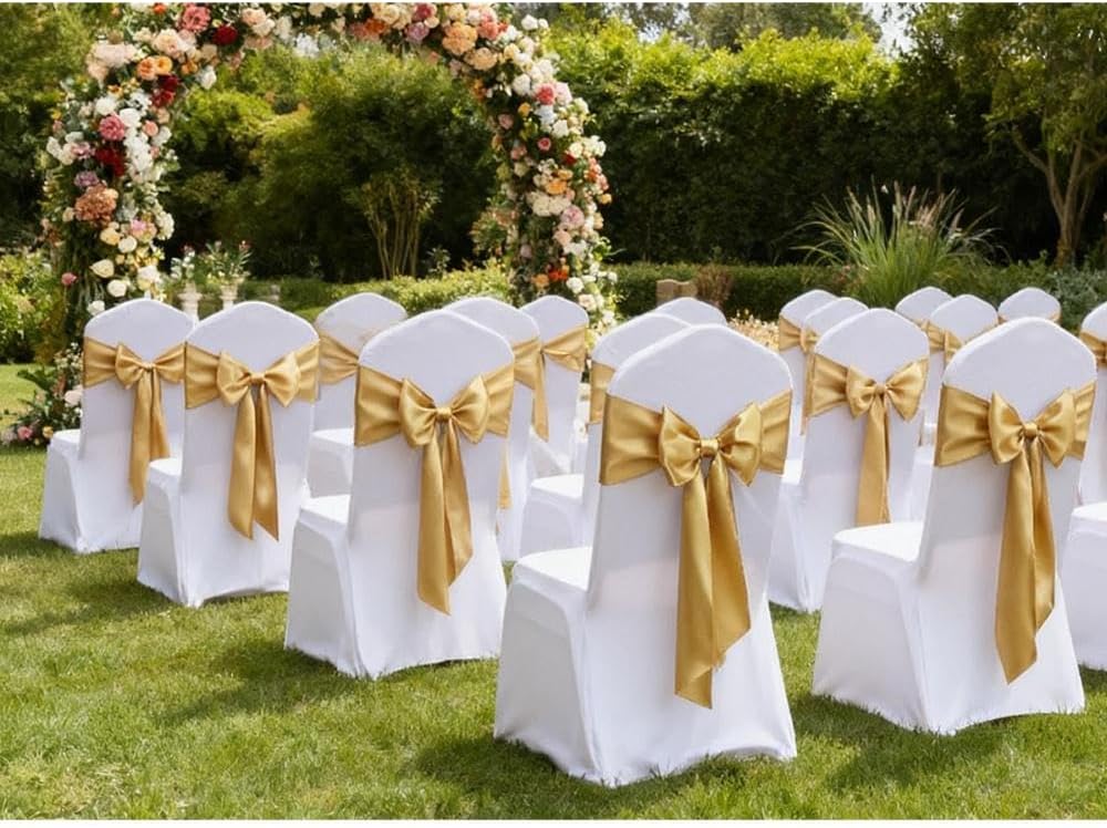 Skiennix Satin Chair Sashes Bows - 7x108 Inch Gold Ties for Weddings & Events | 50 Pack