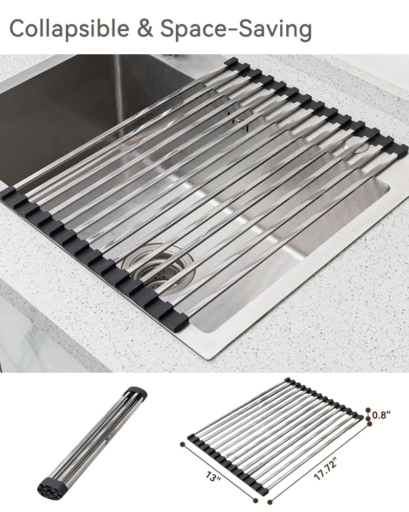 Hemompito 17.72" Dish Drying Rack Over The Sink, 304 Stainless Steel, Non-Slip Silicone Edges & Quick Drainage, Folding Space-Saving for Home & RV Kitchen, Dish Drainer, Cooling Rack & Sink Cover