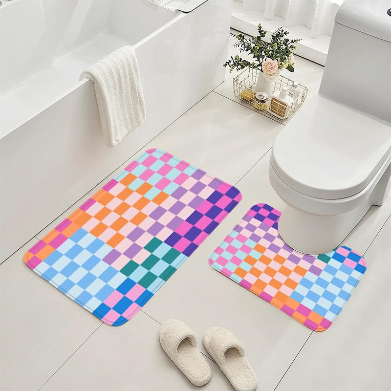 4-Piece Checkered Shower Curtain and Bath Rug Set with Toilet Mat