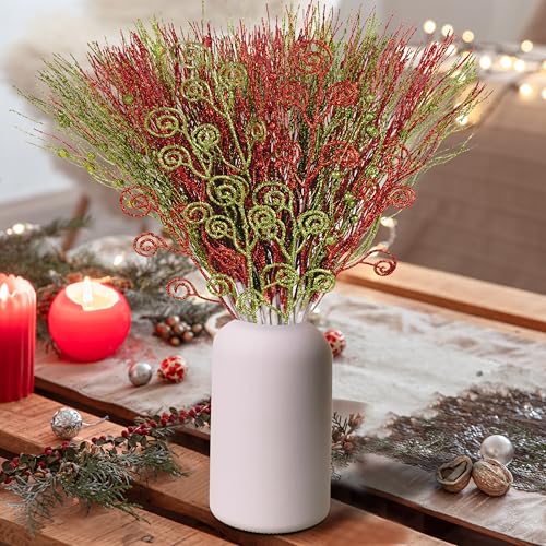 52Pcs Christmas Tree Decorations Red Green Artificial Glitter Picks Sprays Berry Stems Curly Ornaments Xmas Winter Holiday Vase Filler Tree Topper Home Table Decor