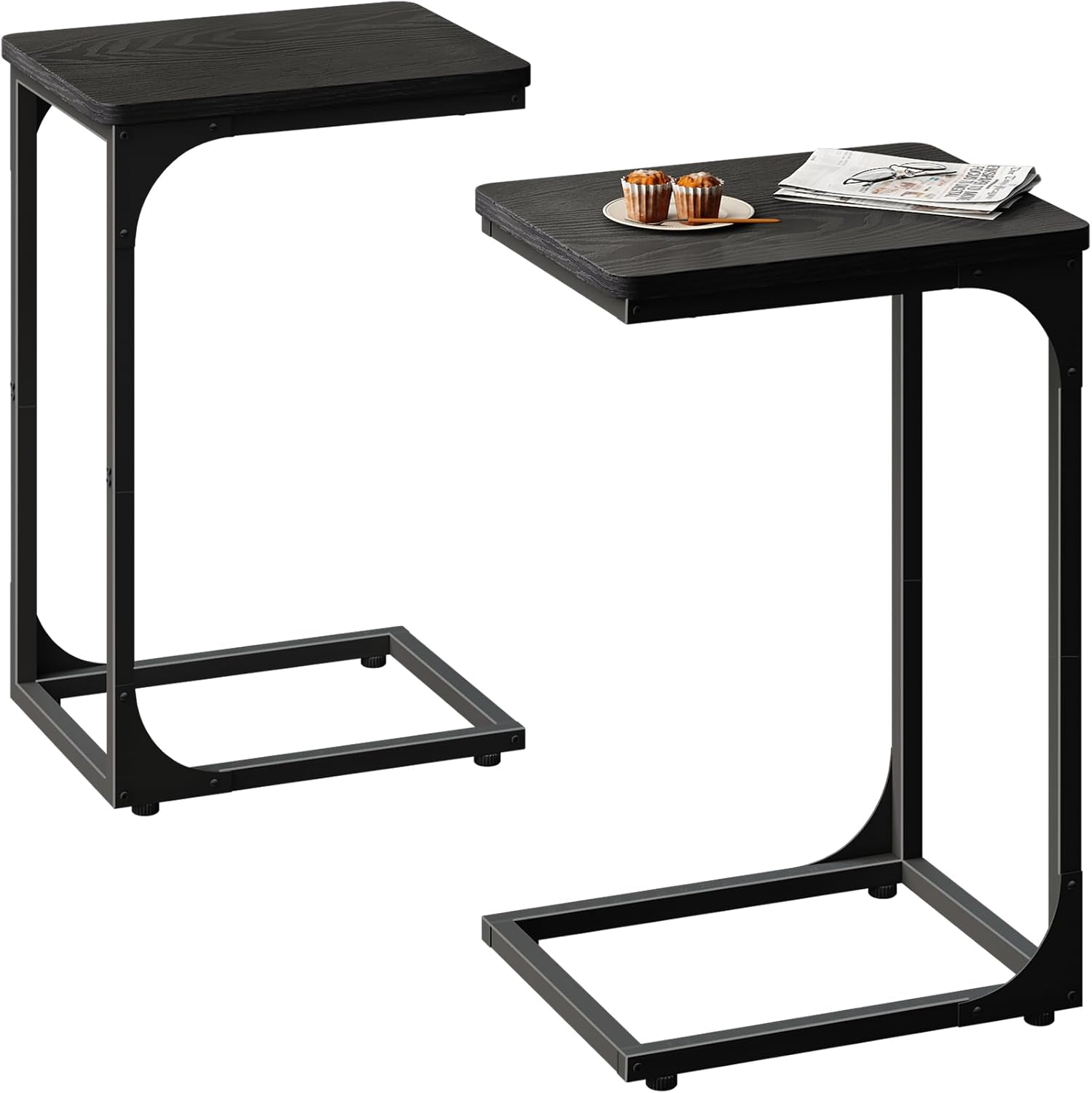 QEEIG C Table Set of 2 - Modern Black C-Shaped Side Tables for Living Room & Couch