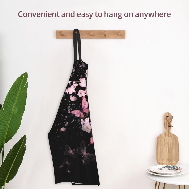 DZGlobal Cherry Blossom Apron with Pockets - Pink Flowers Black Cooking Aprons Adjustable Kitchen Bib for Men Women Chef Gardening Baking